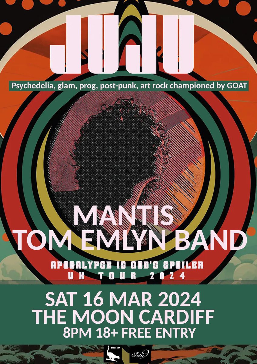 Welsh &amp; Italian psych garage rock bands play a FREE show tonight, if you’re in town or looking for something cheap to do after the rugby : )

8.30 TOM EMLYN BAND 🏴󠁧󠁢󠁷󠁬󠁳󠁿
9.20 MANTIS 🏴󠁧󠁢󠁷󠁬󠁳󠁿
10.10 JUJU 🇮🇹

DJ DREW AMBER after playing alternative party tunes til 3am. See you there!