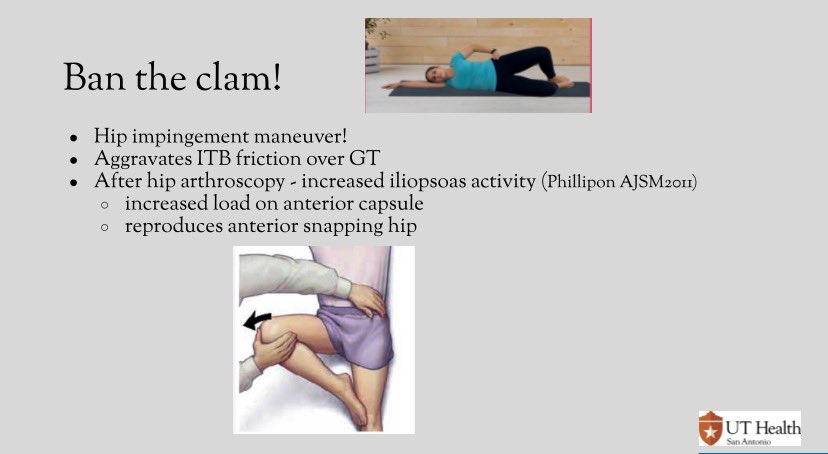 Of course @DGlaucomflecken does it again. This is exactly how our @UTHSA_RehabMed calls went yesterday. Except @RaghunandanMD says “ban the clam” as it doesn’t really do what it’s intended to do plus can aggravate hip impingement. 🤓 youtu.be/pqM8mN-pLAI?si…