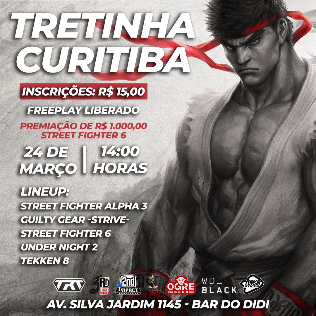 Achou que não teria Tretinha Curitiba em Março? Achou errado farofeiro. Domingo dia 24/03 às 14:00h Local: Bar do DIDI ✅Premiação de R$ 1.000,00 para Street Fighter 6 ✅Freepay liberado para o público ✅Inscrições R$ 15,00 por jogo ✅Plataformas: Ps5, xbox series, pc e cps2