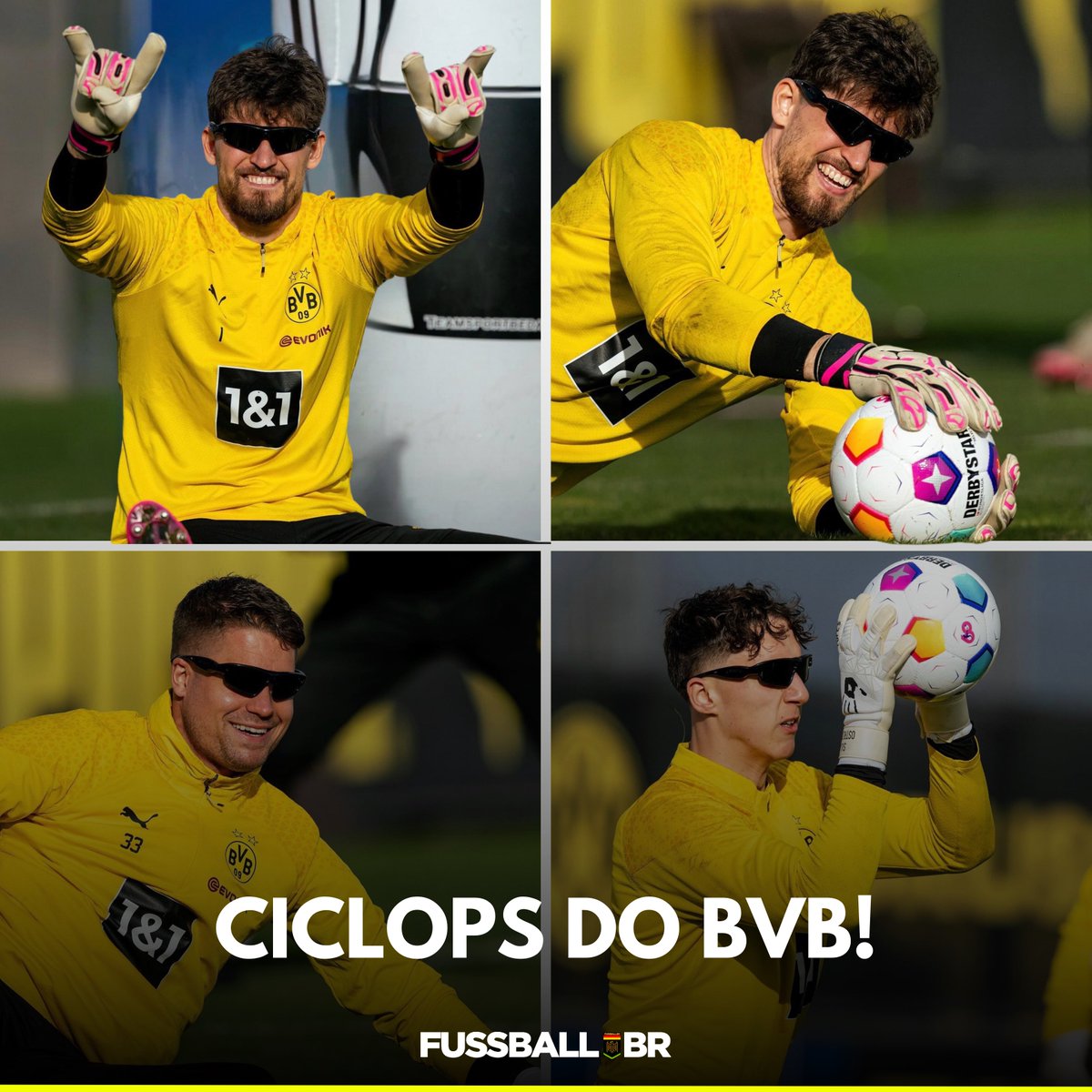 FussballBR's tweet photo. 🇩🇪 𝐍𝐎 𝐄𝐒𝐓𝐈𝐋𝐎 𝐒𝐂𝐎𝐓𝐓 𝐒𝐔𝐌𝐌𝐄𝐑𝐒!? 🕶️

Os goleiros do Borussia Dortmund, Gregor #Kobel (26), Alexander #Meyer (32) e Silas #Ostrzinski (20) usaram óculos especiais de proteção UV durante o treino da equipe Auri-Negra na manhã deste sábado. https://t.co/DHR01zw4cG