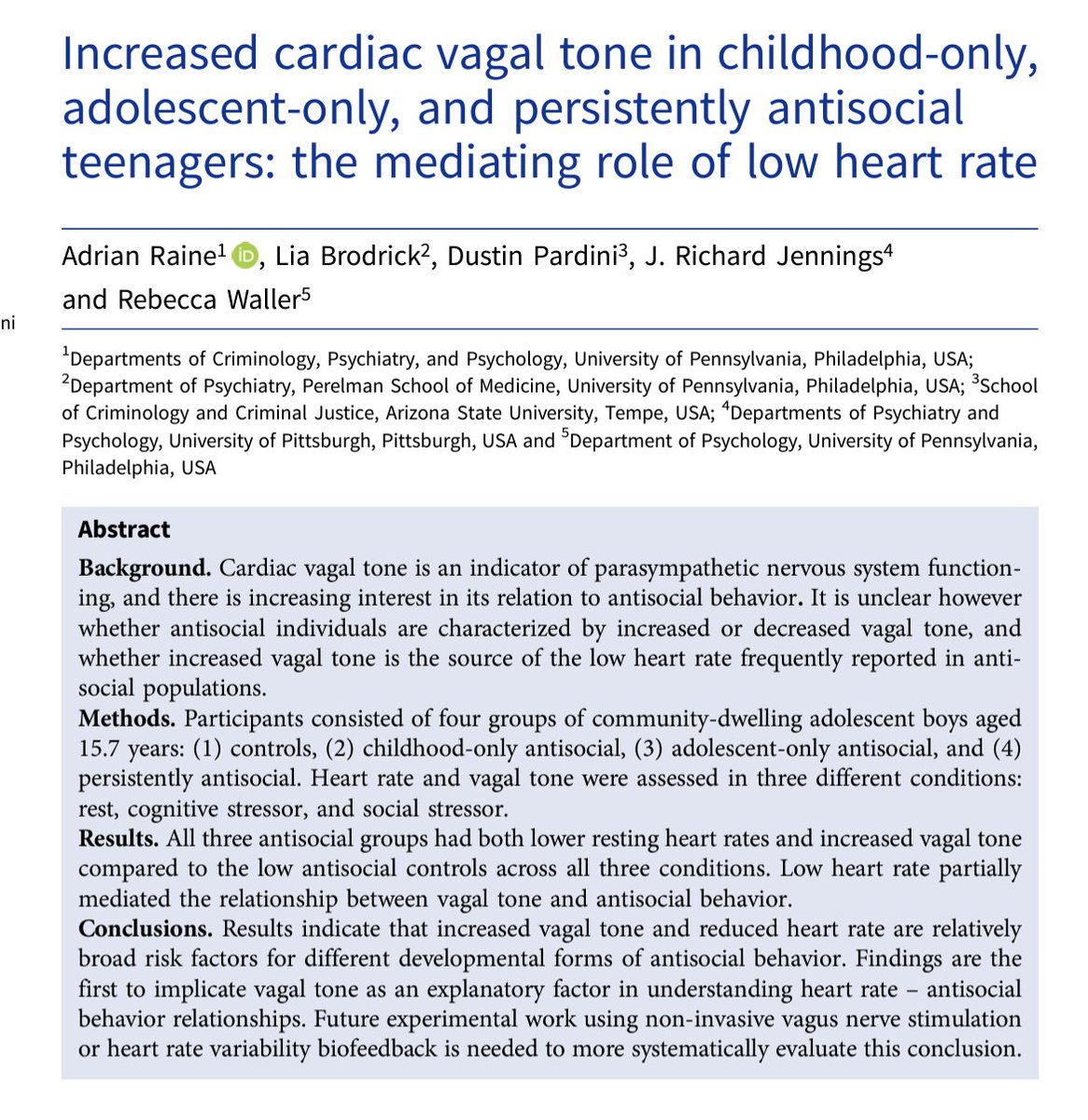Could simply measures of peripheral physiology provide screening tools for antisocial behavior risk in childhood? In four groups of adolescents, low resting heart rate and increased vagal tone are correlated with risk of antisocial behavior.