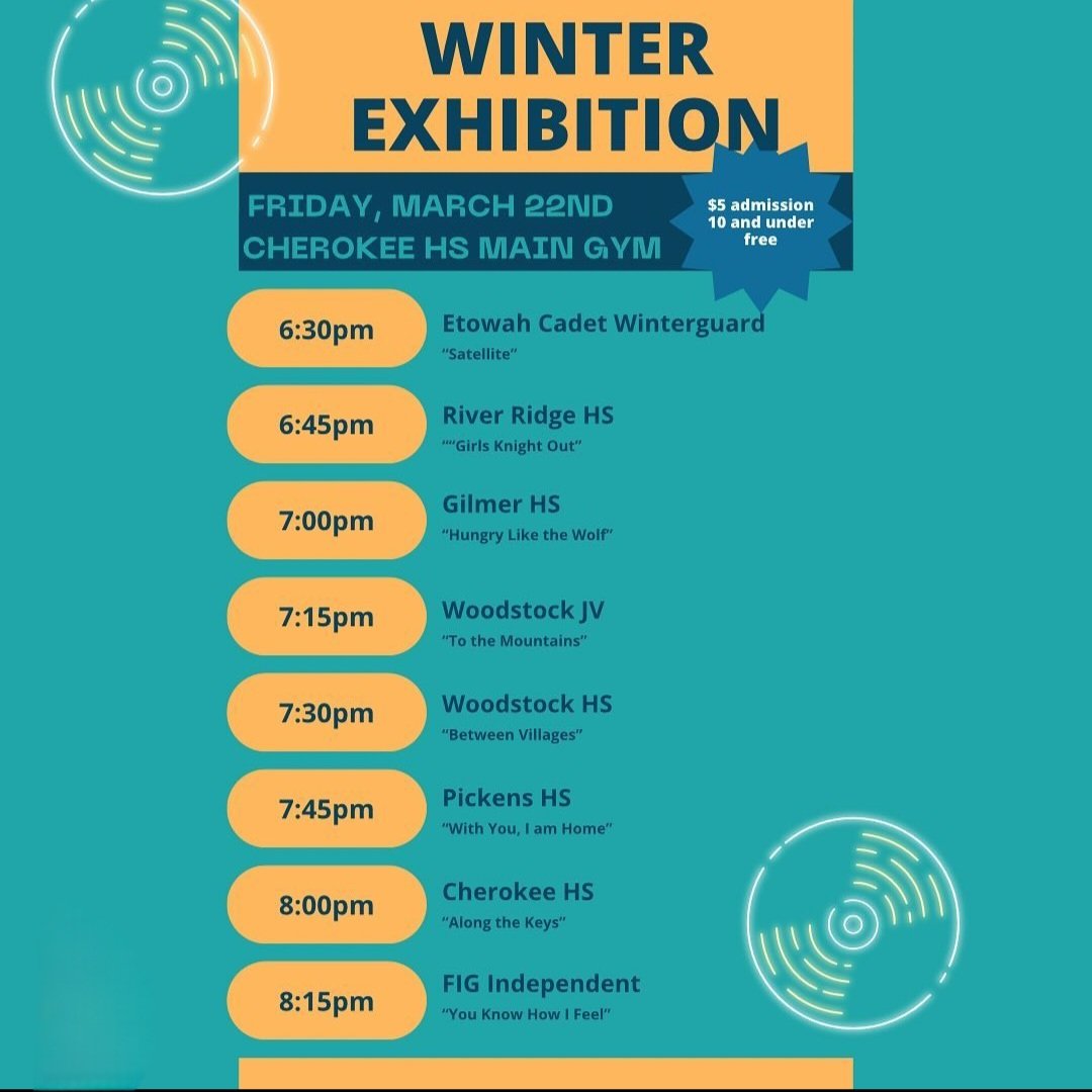 This coming Friday is the INAUGURAL Winterguard Exhibition hosted @chsbow and Cherokee Winterguard. Make plans to get out and support these performers! Cherokee High School students, BC Winterguard is still relatively new, get in FREE with student ID! @CHS_Warriors @WarriorsCHS