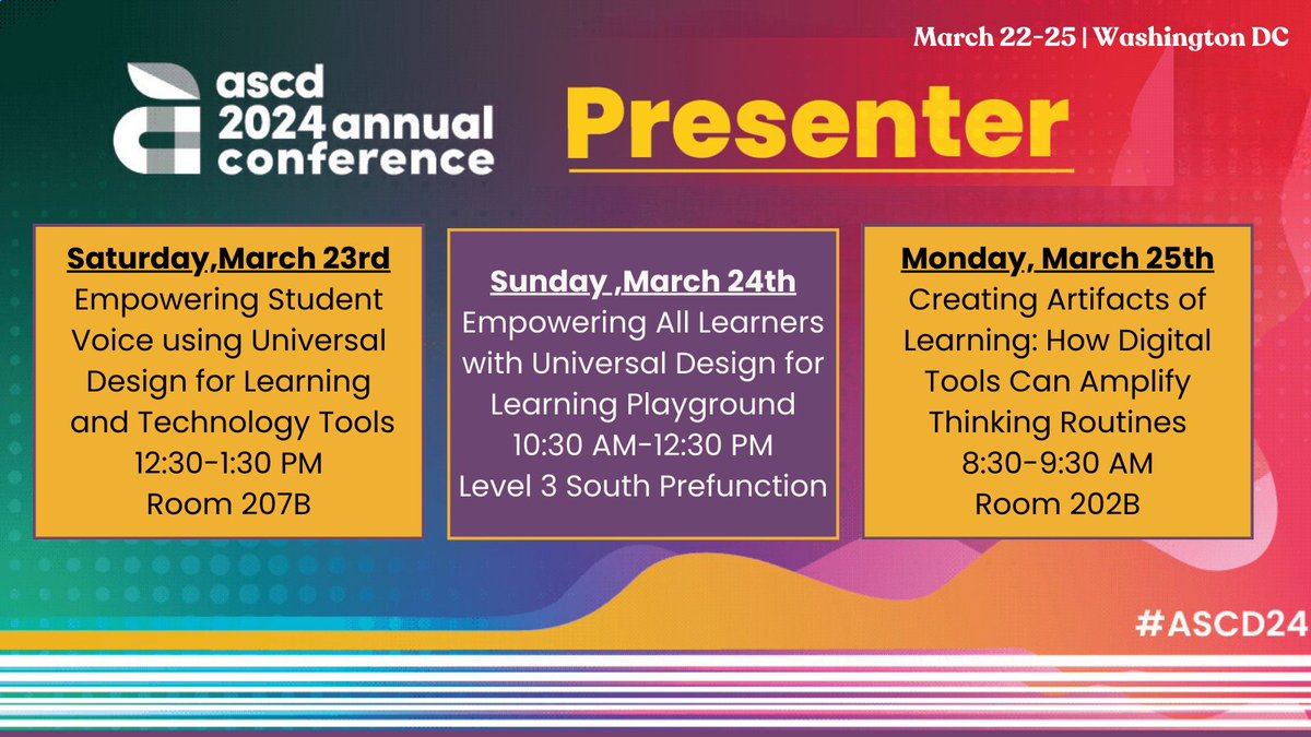 Are u attending #ASCD24 next weekend? Join me 4 some inspiring and interactive sessions! I'll be facilitating an #udl playground & leading 2 sessions of my own Don't miss out on this exciting opportunity 2 enhance your teaching skills. See u there! #ASCDEmergingLeaders #istecert