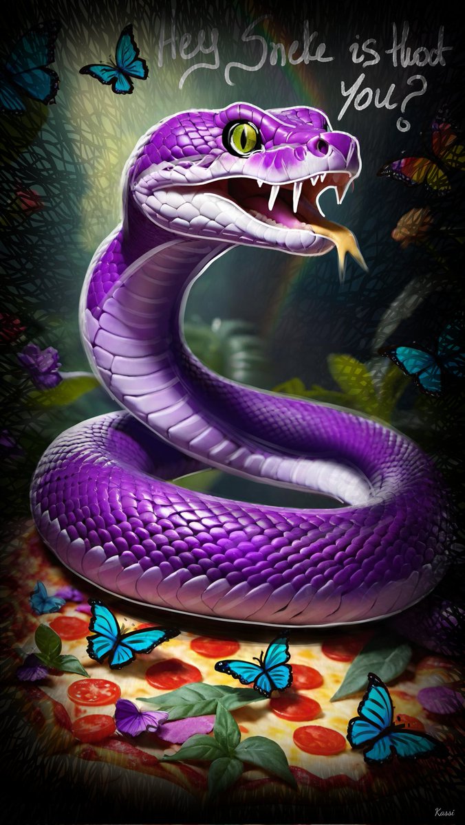 KassiSm's tweet photo. Hello all and happy weekend 💜🎨🌷

Did you know that snakes eat pizza? I guarantee you they do, especially that one⬇️😁🐍🍕

⭐️ "Hey Sneke is that you?"  Open Collab with the great @Sneketoshi 🥰

➡️ 15/20 ed left for 2.5 $XTZ 

Link⬇️

#kassiartfashion #Sneketoshi #hugxonelove https://t.co/hzvTCUEze2