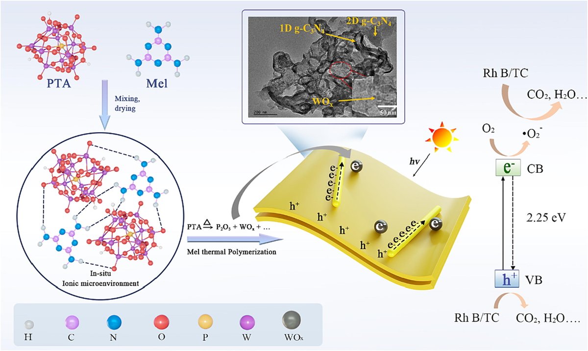 #CES Just published Section Category: Catalysis Integration of WOx/1D C3N4/2D C3N4 Multi-Junction Through In-Situ “PTA-Mel” Ionic Microenvironment for Efficient Aromatic Wastes Degradation via Charge Carrier Separation Improvement Authors: Wenjin Li et al. sciencedirect.com/science/articl…