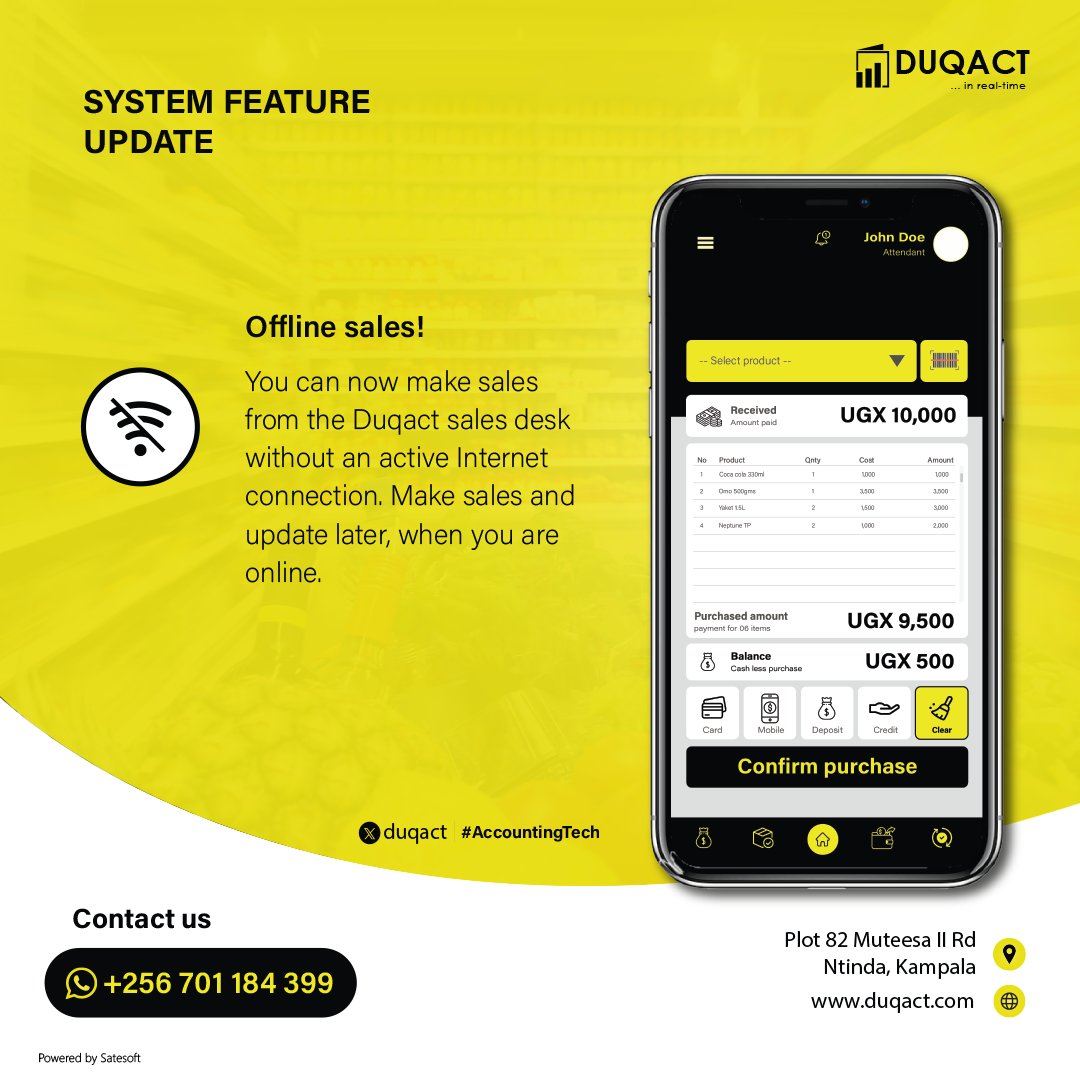 You can now continue doing sales from the Duqact sales desk despite Internet disconnection, or without connection. #AccountingTech #UnlockingEndlessPotential