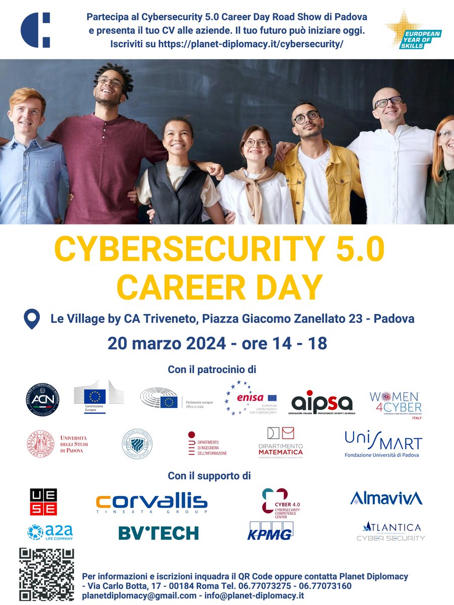 The Cybersecurity 5.0 Career Days Road Show stops in Padova on March 20th!

Don't miss this opportunity to personally get in touch with companies involved in the world of Cybersecurity!

Join the event at planet-diplomacy.it/en-cybersecuri… 

#CyberSecurity #roadshow #unipd