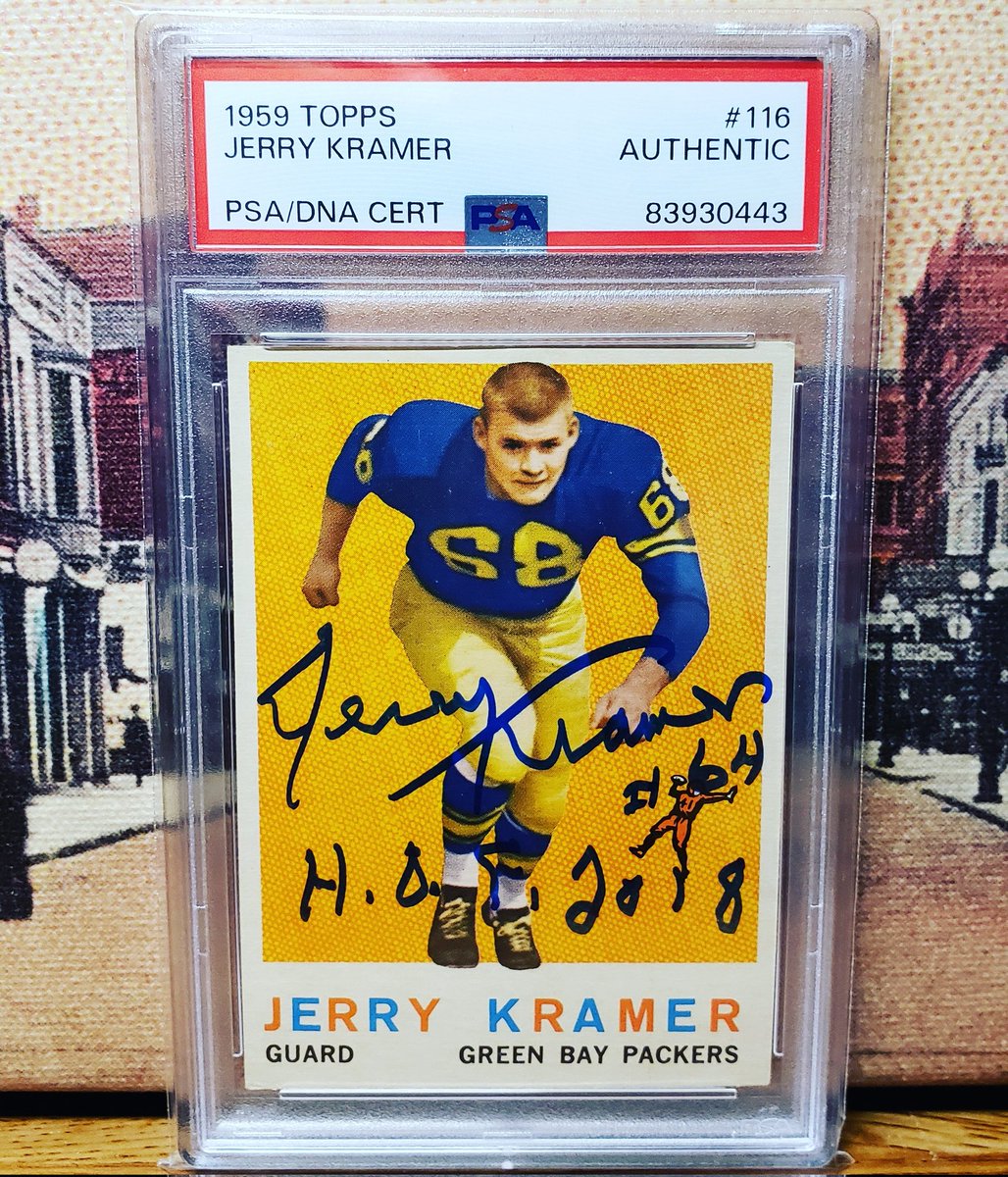 SconnEtradition's tweet photo. Here's a solo shot of the Kramer signed TTM. Was really happy to get this done a few years ago. #jerrykramer #autograph #psadna #thehobby #halloffame #greenbaypackers #footballcards https://t.co/eF59cqYUhE