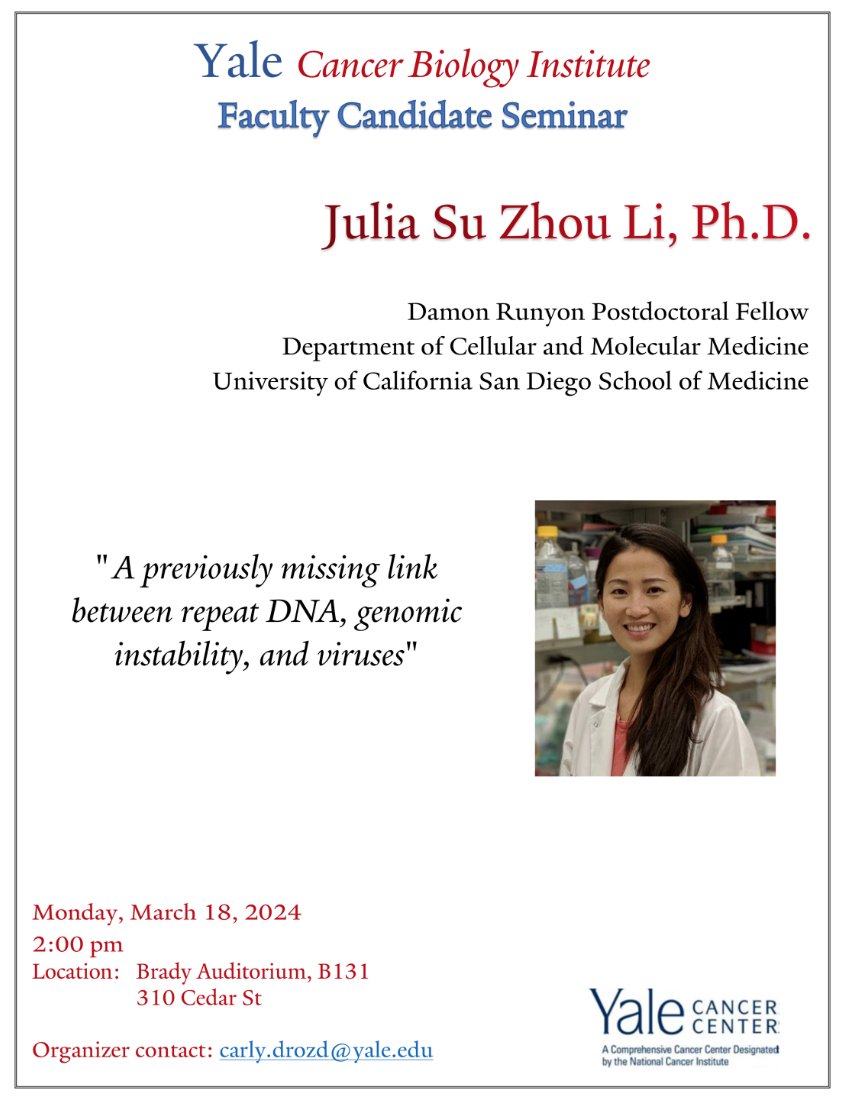 Join us 2pm (note time) Mon., Mar 18 in the Brady Auditorium (B131) to hear YCBI Faculty Candidate Dr. Julia Li from UCSD tell us her exciting story about 'A Previously Missing Link between Repeat DNA, Genomic Instability, and Viruses'. #YCBI @YaleWestCampus @YaleMed @YalePharm