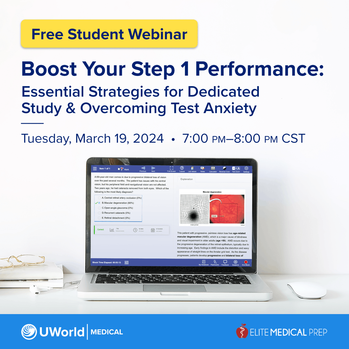 Are you ready to boost your USMLE Step 1 performance? Join clinical experts from UWorld and @elitemedicprep for a free webinar to improve your readiness. When: Tuesday, March 19th at 7:00 p.m. CST Where: bit.ly/4caz21Y #UWorldMedical #EliteMedicalPrep #USMLE #Step1