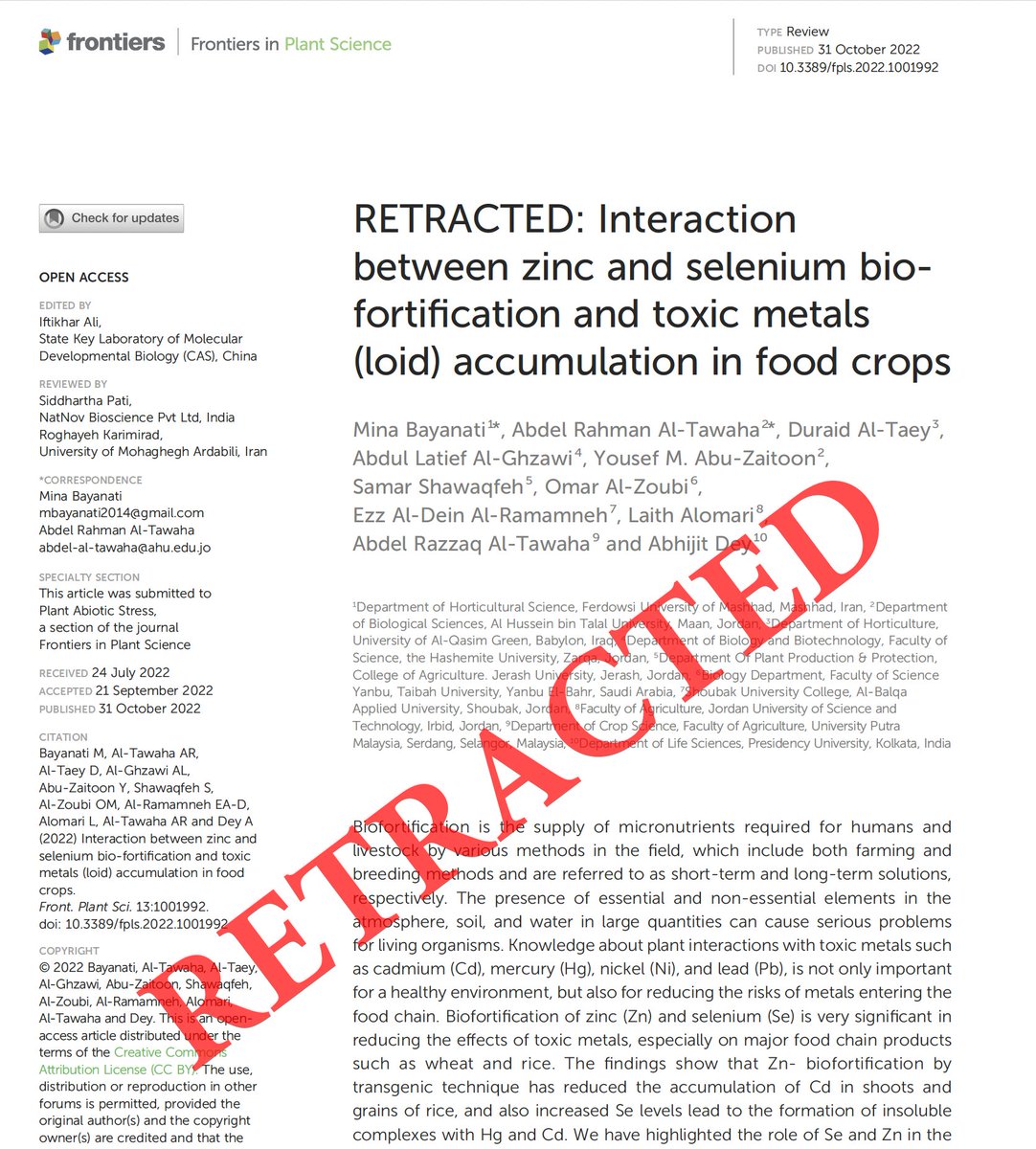 Spottingthespot's tweet image. Great news! Indian fraudulent #papermill author Abhijit Dey got his 4th #retraction! @FrontiersIn just retracted one of  his nonsense papers. Notice also the name Abdel Rahman Al-Tawaha;  another prolific #papermill author, more on him later! #fraud frontiersin.org/journals/plant…