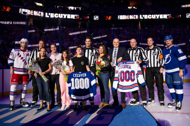 ScoutingTheRefs's tweet photo. Congratulations to referee Frederick L'Ecuyer, who was honored for working his 1000th NHL game prior to Rangers vs. Lightning on Thursday night: @NYRangers @TBLightning https://t.co/KNCEKCEx4u