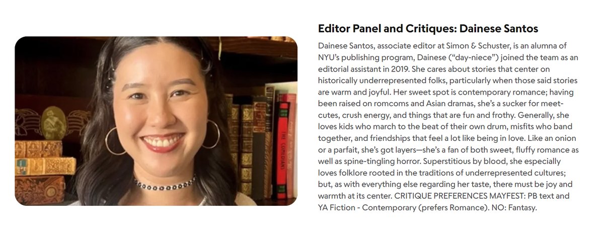 Dainese Santos @chanceofdain Associate Editor at @SimonKIDS is on MayFest faculty. Learn insights from Editors on Zoom May 4th 9 AM - 1PM PT. Recording available afterwards. scbwi.org/events/mayfest… #scbwi #childrensbooks #writingtips #kidlit #kidlitart #mglit #yalit #books