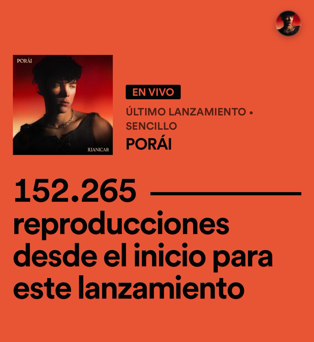 Juanicar2's tweet photo. A un dia del lanzamiento ya pasamos las 150 mil reproducciones de PORÁI en spotify loco GRACIAS no puedo creerlo 😭❤️ https://t.co/Ci786Dlwbq