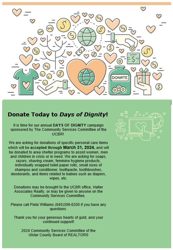 'Days of Dignity' is here!

We are accepting donations for specific personal care items from now until March 31, 2024. Please bring all donations to the UCBR office! Thank you for your generous hearts of gold!

#donate #donation #charity #donations #nyrealtors #ulstercountyny
