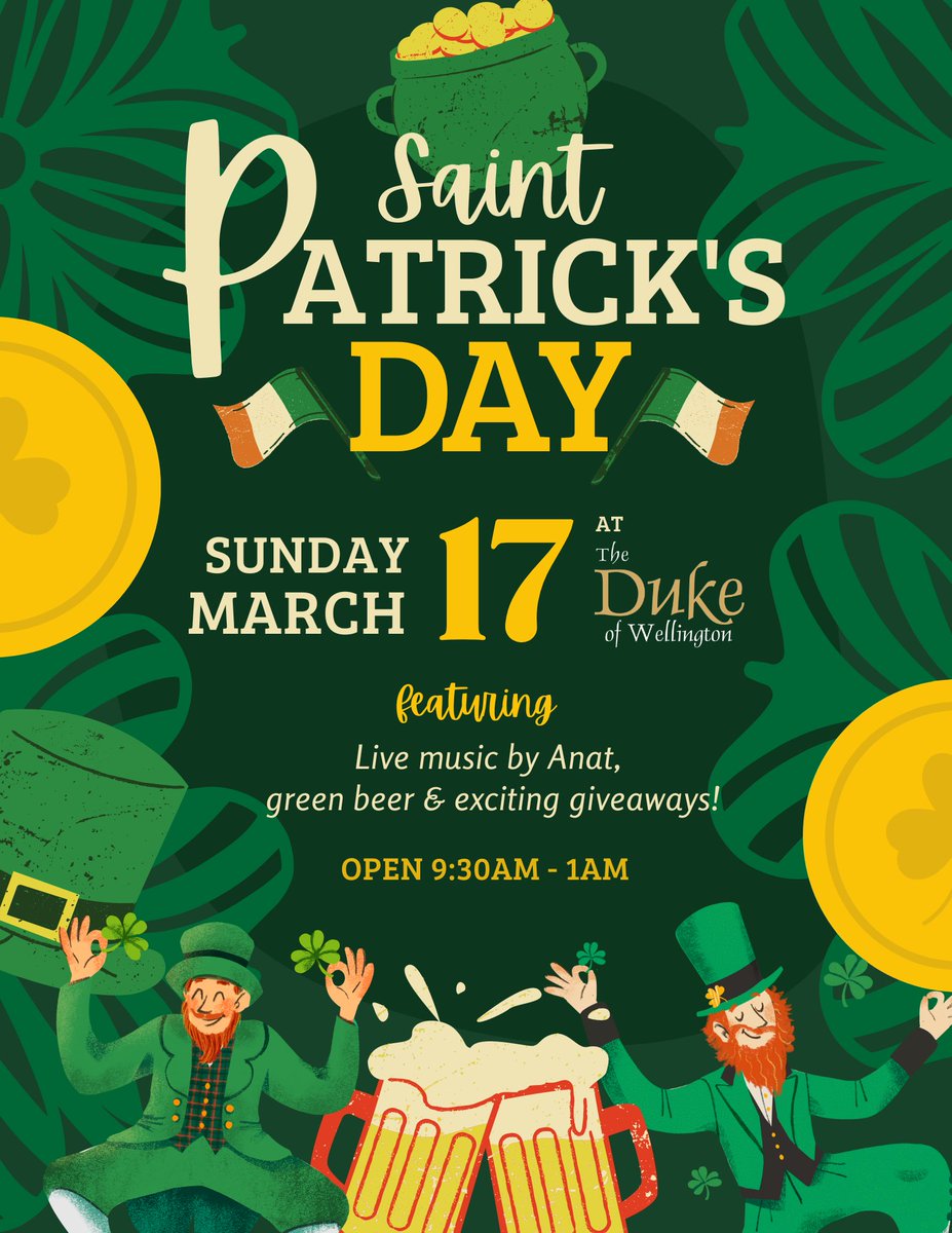 TOMORROW: St Patrick's Day at @DukeWaterloo: • Live music by Anat from 3-8pm • Green Beer • Guinness Dart Board Giveaway Draw