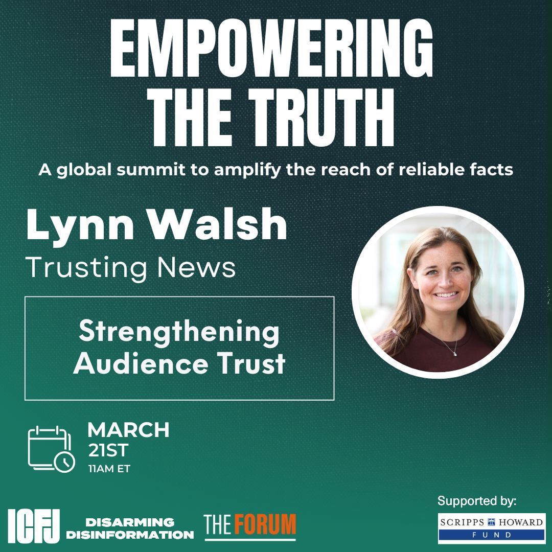 It’s week 3 of our Empowering the Truth Global Summit! Join us on Thursday, March 21 to hear from @TrustingNews' @lwalsh on building trust with your audience. Register now for the free virtual session: buff.ly/3K9j9gA @ScrippsHowardFd