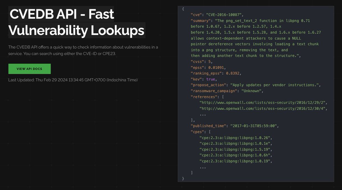 CVEDB API - Fast Vulnerability Lookups cvedb.shodan.io #Pentesting #Vulnerability#CyberSecurity #Infosec