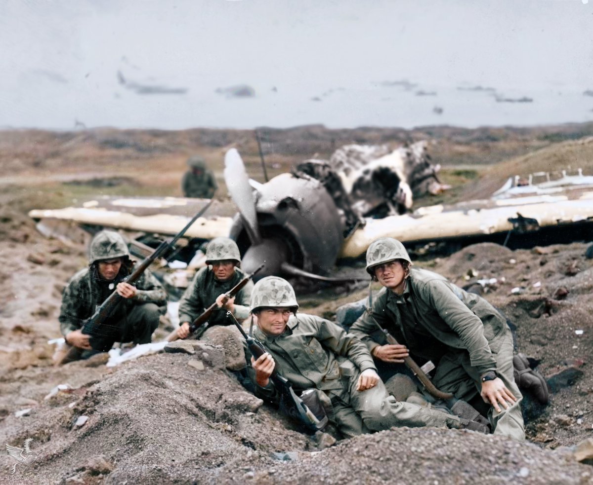 First Lieutenant Arthur Carley, 401 Willowood, Dayton, Ohio, found shelter for his platoon near a wrecked Zero by Motoyama Airfield. Iwo Jima. 23 February, 1945 
➤➤ KAMIKAZE, USELESS SACRIFICE (VIDEO): youtu.be/z0qMAvhjREo

#kamikaze #IwoJima #WW2 #WWII #Zero #Aircraft