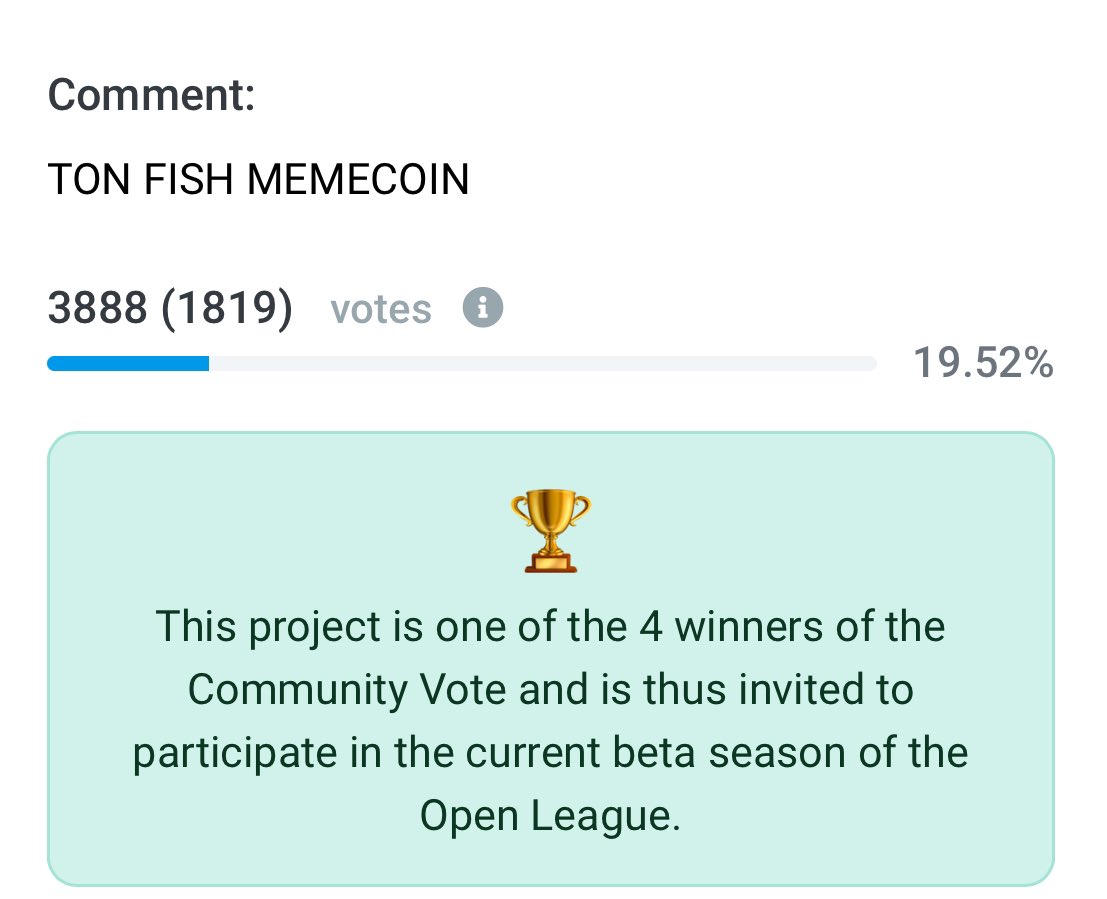 The first non-foundation social meme coin in the TON ecosystem, $FISH, came  in third place in the OpenLeague community voting organized by the TON  Foundation! We will continue to work hard with