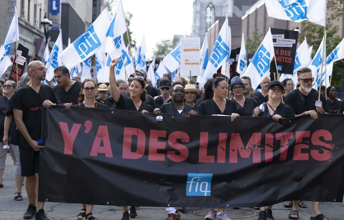 Solidarity with Quebec nurses, demonstrating today for a working life without mandatory overtime. Forcing government to staff up in healthcare, rather than working existing staff into the ground is a key battle for all of us.