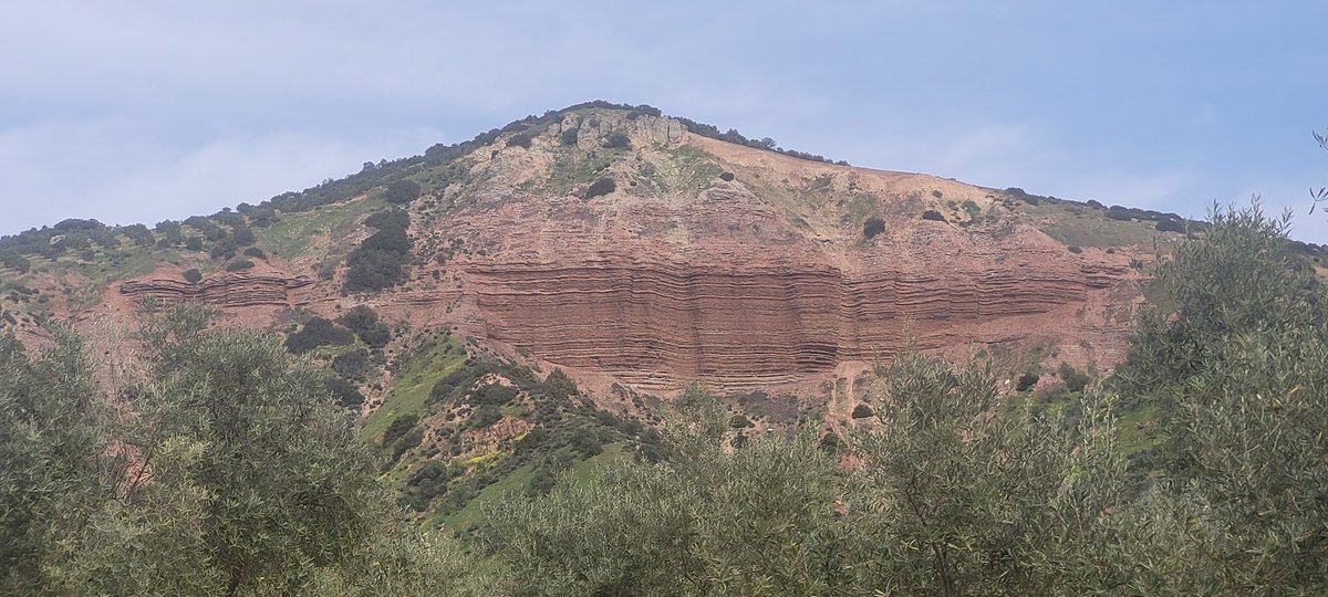 Bonito afloramiento de areniscas y limolitas del Triásico, entre Despeñaperros y Úbeda, en Jaén.