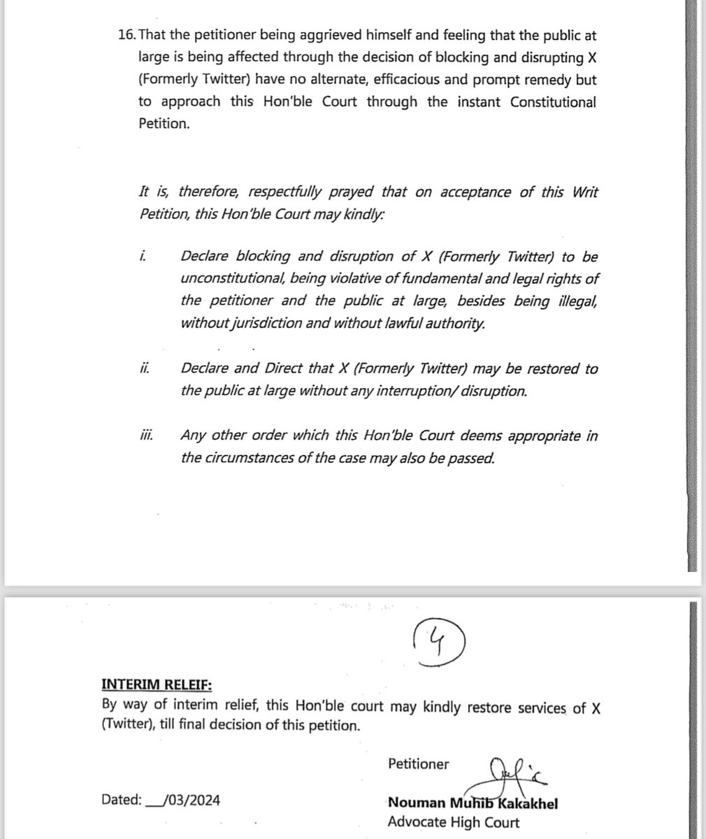 NoumanMuhib's tweet photo. Challenged blocking/ disruption of X (Twitter) before the Peshawar High Court to get the same declared to be unconstitutional and unlawful being violative of fundamental and legal rights of the people of Pakistan. https://t.co/UOebDcjdjX
