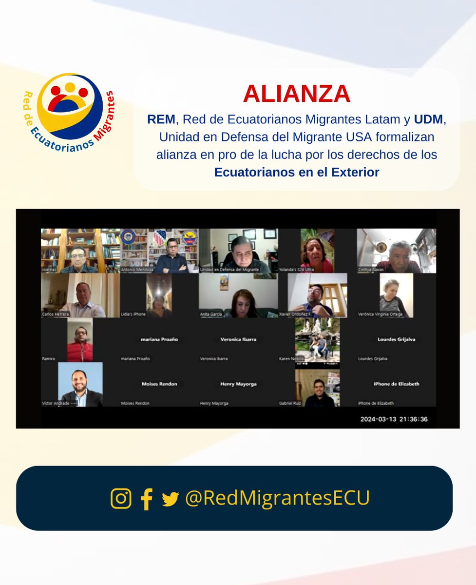 🚨 #ALIANZA 🇪🇨
#REM, Red de Ecuatorianos Migrantes  #Latam <a href="/redmigrantesecu/">Red de Defensa de Ecuatorianos Migrantes 🇪🇨</a> y #UDM, Unidad en Defensa del Migrante #USA formalizan alianza en pro de la lucha por los derechos de los #EcuatorianosEnElExterior 🇪🇨
 
#EcuatorianosMigrantes #JintosSomosMasFuertes