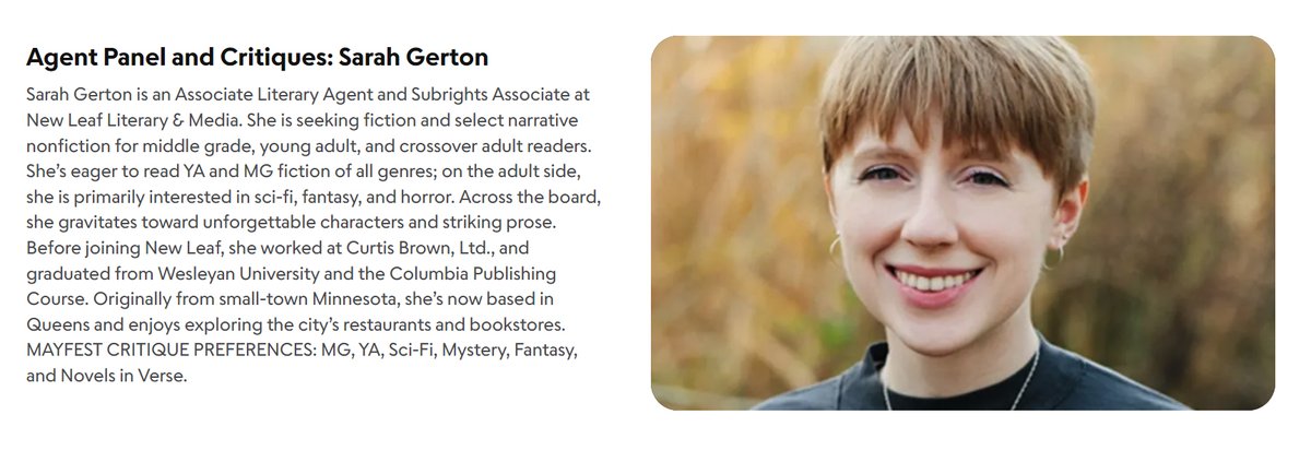 Sarah Gerton @SarahGerton Agent @newleafliteraryis on MayFest faculty. Learn insights from Agents on Zoom May 4th 9 AM - 1PM PT. Recording available afterwards. scbwi.org/events/mayfest… #scbwi #childrensbooks #writingtips #kidlit #kidlitart #mglit #yalit #WritingCommunity