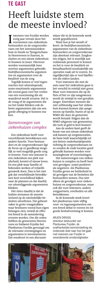 Vandaag schrijf ik in de <a href="/lc_nl/">Leeuwarder Courant</a> over de rapportage die het <a href="/FriesPlanbureau/">Planbureau Fryslân</a> komende week uitbrengt. Dat gaat over de voorgenomen fusie (en sluiting) van de ziekenhuizen in Sneek en Heerenveen, en het nieuw te bouwen ziekenhuis in Joure. Volgende week meer nieuws!