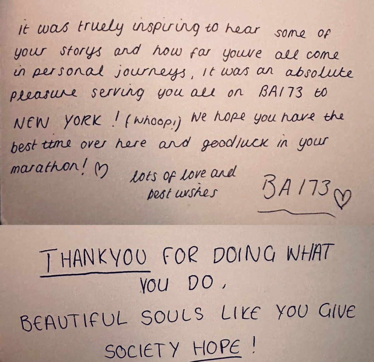 Kindness comes from unexpected sources - the amazing Cabin crew from British Airways as we crossed the pond on our way to our New York adventure presented with this card