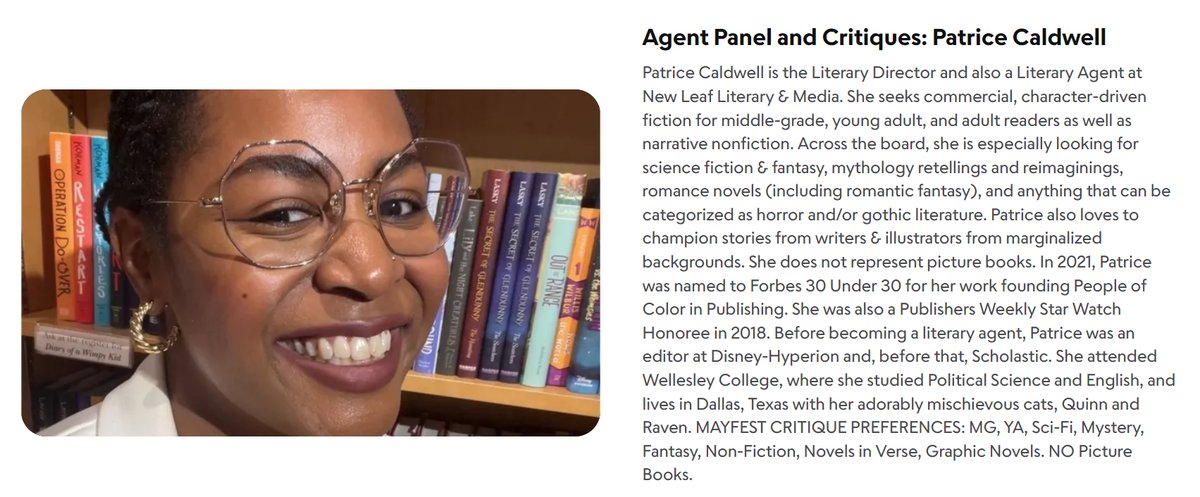 Patrice Caldwell @whimsicallyours Agent @newleafliteraryis on MayFest faculty. Learn insights from Agents on Zoom May 4th 9 AM - 1PM PT. Recording available afterwards. scbwi.org/events/mayfest… #scbwi #childrensbooks #writingtips #kidlit #kidlitart #mglit #yalit #Writing