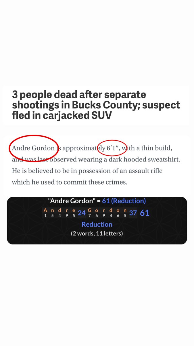 OmniMemecoins's tweet photo. #ActiveShooter on the loose in #BuckCounty
Shooters name is Andre Gordon and is approximately 6’1 lol
Andre Gordon = 61
#gematria #scriptednews #psyop https://t.co/r5Ra0Nb1l0