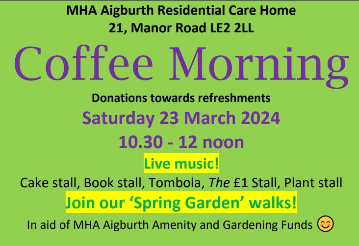 Aigburth’s next coffee morning will be on Saturday 23rd March. Everyone is invited to come along for refreshments and to enjoy the gardens