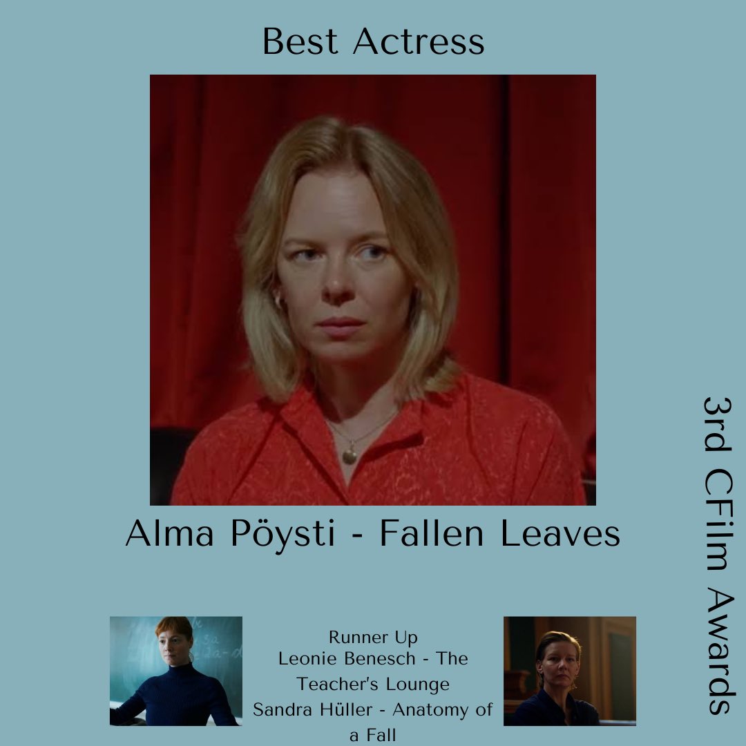 Best Actress: Alma Pöysti - Fallen Leaves 

#FallenLeaves #BestActress #AlmaPöysti  #3rdCFilmAwards #BestActress #FilmTwitter #Actress #Awards