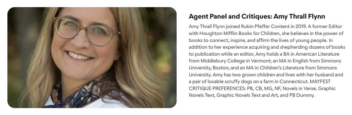 Amy Thrall Flynn who is an Agent Rubin Pfeffer Content is on the MayFest faculty. Learn insights from Agents on Zoom May 4th 9 AM - 1PM PT. Recording available afterwards. scbwi.org/events/mayfest… #scbwi #childrensbooks #writingtips #kidlit #kidlitart #mglit #yalit #books