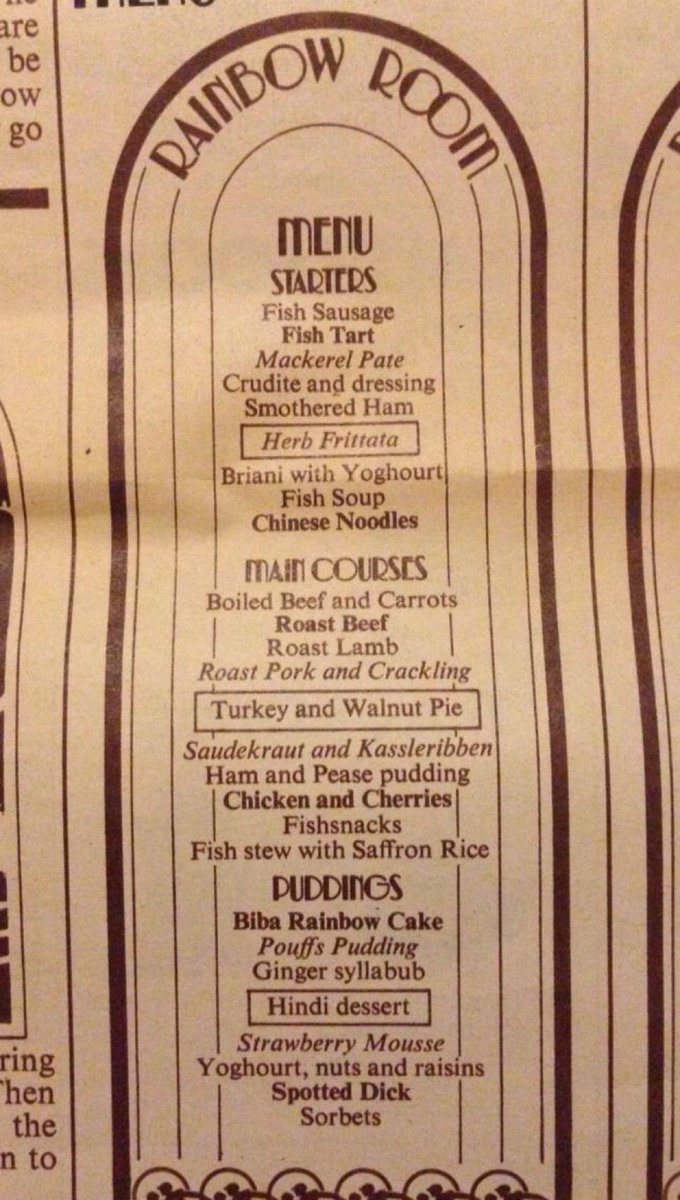 Boggling afresh at Biba's opening day menu (Sept 1973). Highlights: fishsnacks, boiled beef, 'Pouffs Pudding”.