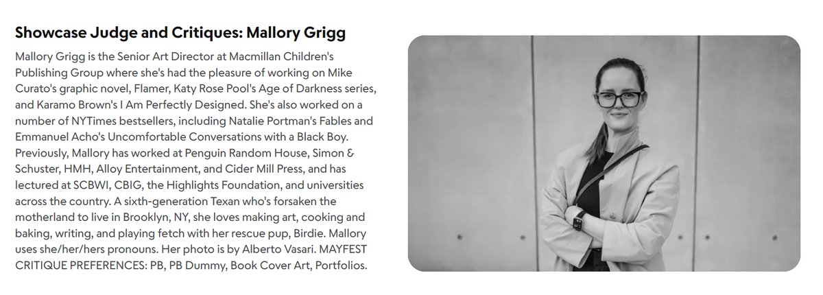 Mallory Grigg @mallorygrigg who is Sr Art Director @MacKidsBooks is on the MayFest faculty. She will be a portfolio showcase judge. Recording available afterwards. scbwi.org/events/mayfest… #scbwi #childrensbooks #kidlit #kidlitart #PictureBooks #Illustrators #artistsearch
