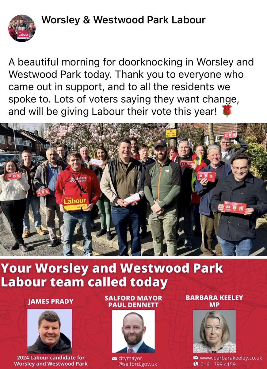 Great campaign session this morning supporting James Prady and @salford_mayor in Worsley and Westwood Park ahead of this year’s local elections #3VotesforLabour 🌹🚩