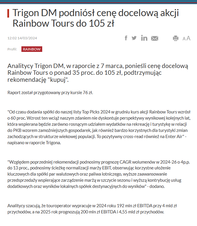 RobertPietraga's tweet photo. #Sezon4 #RaportzPortfela #FinanseOsobiste
12/24
🔸 #rainbow + 10,19 %
Analitycy Trigon DM, w raporcie z 7 marca, podnieśli cenę docelową Rainbow Tours o ponad 35 proc. do 105 zł, podtrzymując rekomendację "kupuj".
Szczegóły poniżej. Źródło: #infostrefa https://t.co/1pFtW71i9o