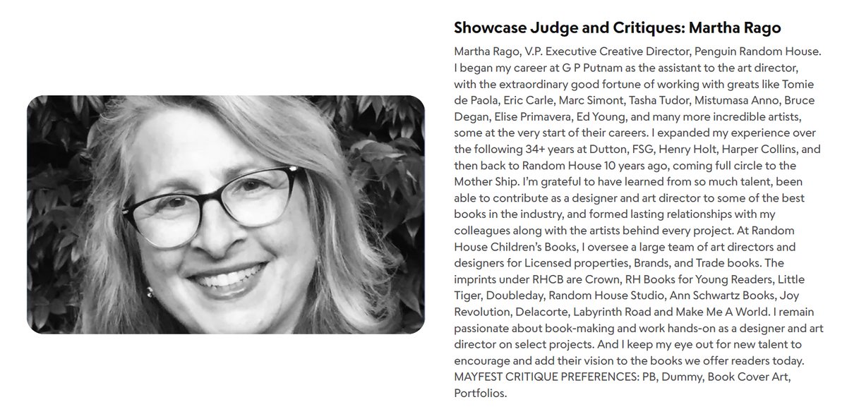 Martha Rago, VP Exec Creative Director Penguin Kids @penguinkids is on the MayFest faculty. She will be a portfolio showcase judge. Recording available afterwards. scbwi.org/events/mayfest… #scbwi #childrensbooks #kidlit #kidlitart #PictureBooks #Illustrators #artistsearch