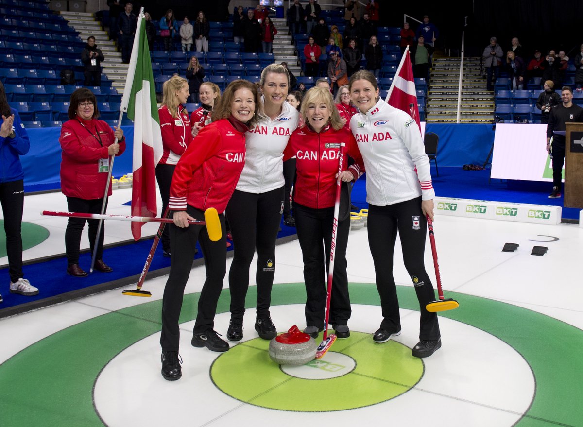 CurlingCanada's tweet photo. Curling royalty 👑👑👑👑

@cbccolleenjones puts the ceremonial first rock on the button at the opening ceremony of the 2024 @BKTtires World Women's Curling Championship with the help of Kim Kelly holding the broom and @emmamiskew and @sarahhwilkes sweeping.

#WWCC2024 https://t.co/tIVv9SHykc