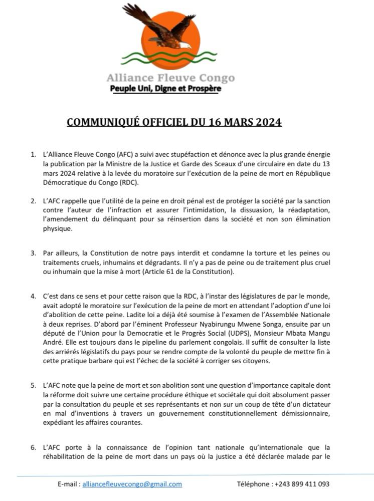 LawrenceKanyuka's tweet image. COMMUNIQUÉ OFFICIEL DE L'ALLIANCE FLEUVE CONGO DU 16 MARS 2024 ⤵️