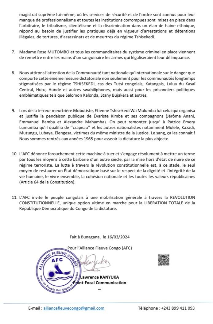 LawrenceKanyuka's tweet image. COMMUNIQUÉ OFFICIEL DE L'ALLIANCE FLEUVE CONGO DU 16 MARS 2024 ⤵️