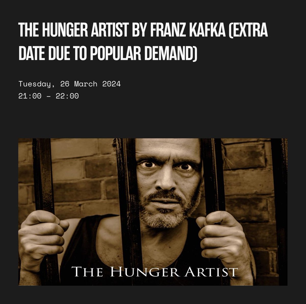 𝐄𝐗𝐓𝐑𝐀 𝐃𝐀𝐓𝐄 𝐝𝐮𝐞 𝐭𝐨 𝐩𝐨𝐩𝐮𝐥𝐚𝐫 𝐝𝐞𝐦𝐚𝐧𝐝!!! 

𝐓𝐡𝐚𝐧𝐤 𝐲𝐨𝐮 𝐟𝐨𝐫 𝐬𝐮𝐩𝐩𝐨𝐫𝐭𝐢𝐧𝐠 <a href="/jon_sidgwick/">Jonathan Sidgwick</a> ’𝐬 𝐝𝐞𝐛𝐮𝐭 𝐬𝐨𝐥𝐨 𝐬𝐡𝐨𝐰!! 🙏🏼🙏🏼 

#theatre #londontheatre #hungerartist #actors #actorslife #kafka #etcetera #camdentown #fringe #soloshow