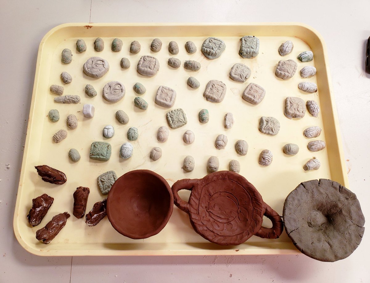 Friday afternoons in @LivAncWorlds #archaeology labs are fun! Yesterday we tried our hand at making #faience objects, from scarabs to shabtis and more. Can't wait to see them fired! Thanks @Hommel_bee! #experimentalarchaeology P.S. No real scarabs were hurt in the process