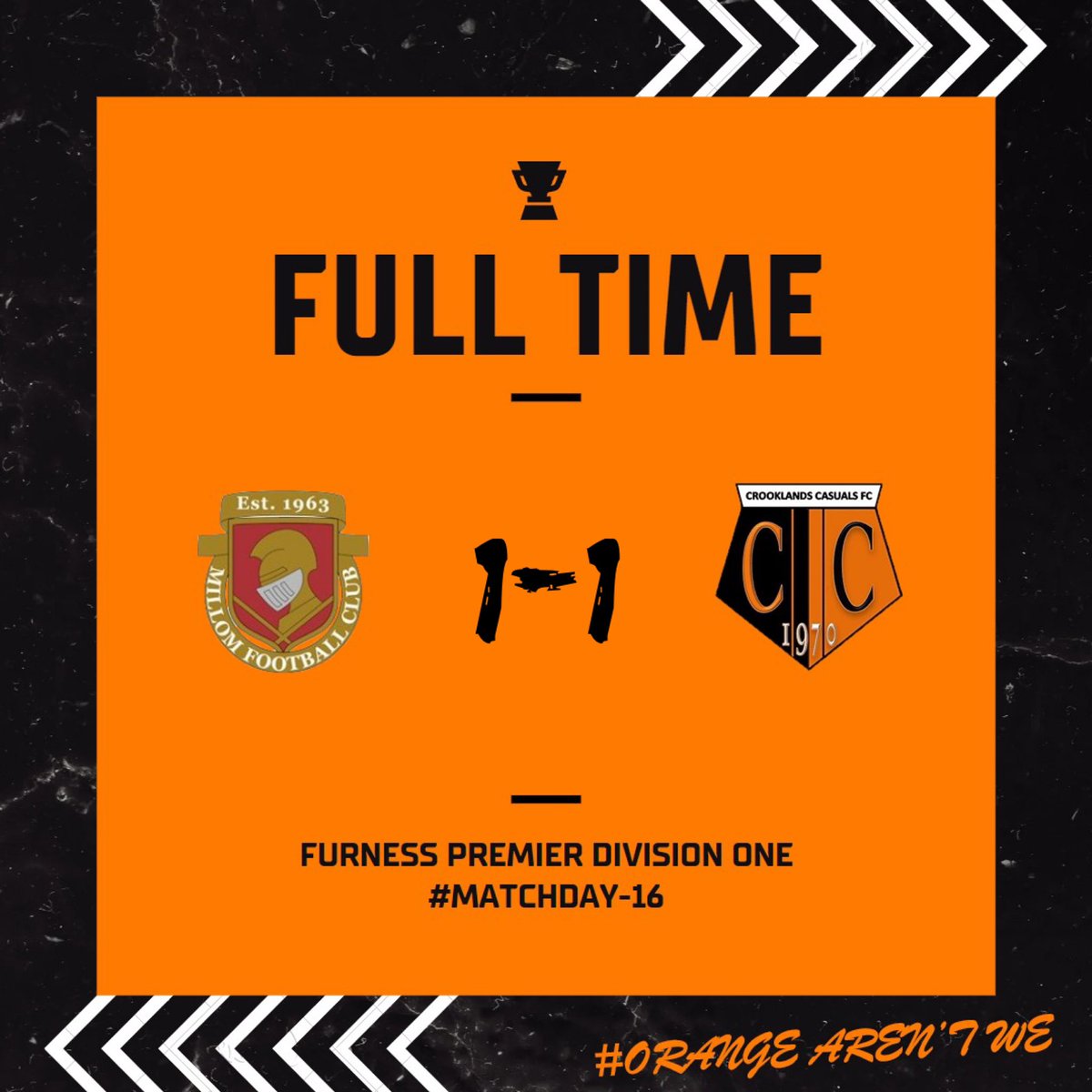𝐅𝐮𝐥𝐥-𝐓𝐢𝐦𝐞. Millom AFC ‘A’ 1-1 Crooklands Casuals FC 𝐆𝐨𝐚𝐥𝐬𝐜𝐨𝐫𝐞𝐫𝐬: Jake Marston 🟠⚫️