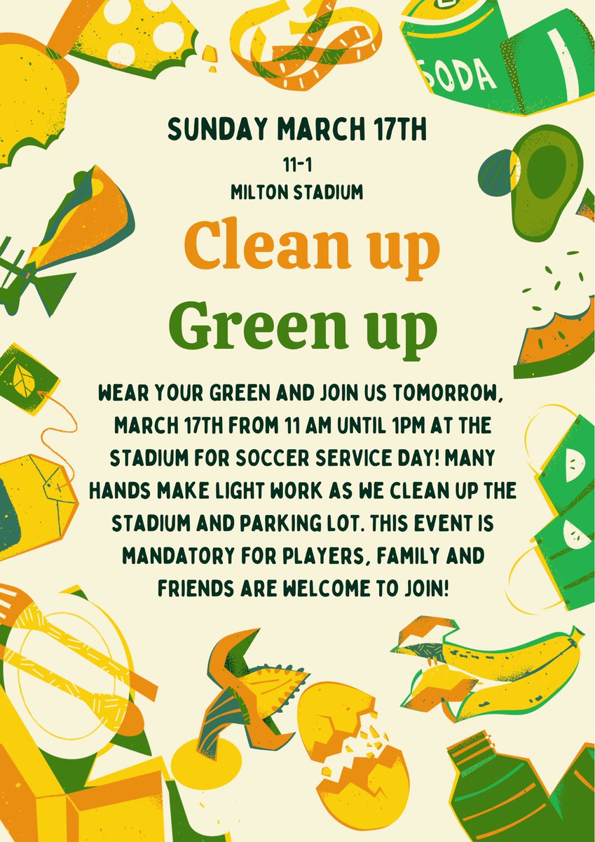 Come out  tomorrow from 11-1 and help us clean up the stadium and parking lot.  We take pride in our school and want to keep it beautiful!  This is a mandatory event for all players, but family and friends are welcome to join.