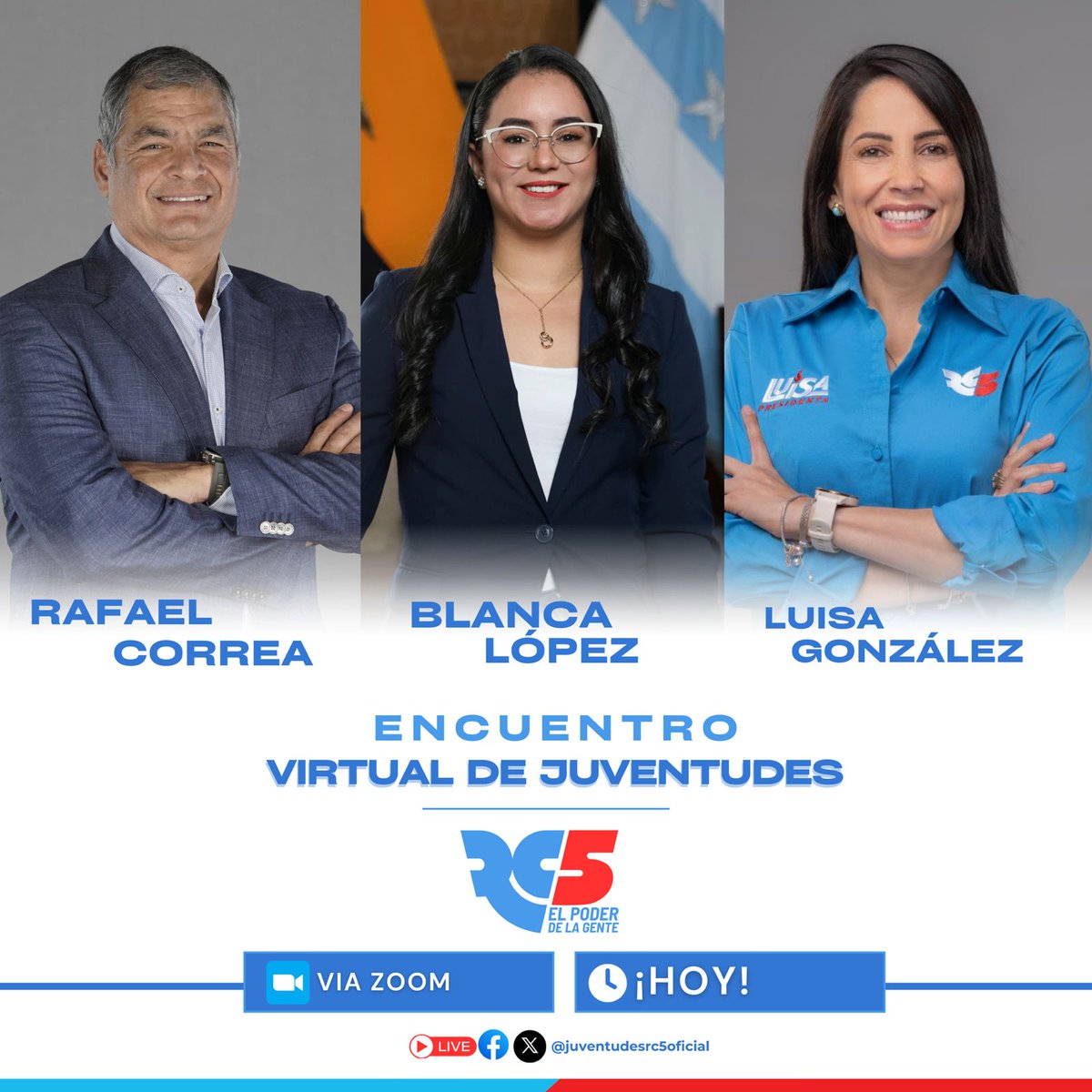 *#EncuentroJuventudesRC5 ¡Juntos, por el poder de los Jóvenes!*

#ENVIVO🔴 sigue el primer 'Encuentro Virtual de Juventudes' de la Revolución Ciudadana.

Facebook 

facebook.com/share/v/ZoJ37u…

Youtube 

youtube.com/live/bAa5E6ujo…

X

x.com/rc5oficial/sta…