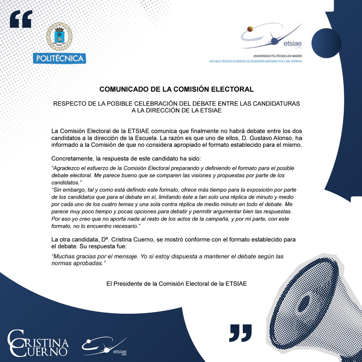 🔴Comunicado sobre la NO realización del Debate Electoral🔴 

La Comisión Electoral lo ha suspendido debido a que el candidato Gustavo Alonso comunicó que "No considera apropiado el formato establecido".

Una oportunidad perdida para contrastar puntos de vista.

<a href="/aeroespacialUPM/">ETSIAE - UPM</a>